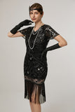 Rose Scintillant Noir Paillettes Moulant Manches Courtes 1920s avec Franges