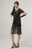 Rose Scintillant Noir Paillettes Moulant Manches Courtes 1920s avec Franges