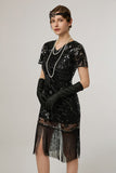 Rose Scintillant Noir Paillettes Moulant Manches Courtes 1920s avec Franges