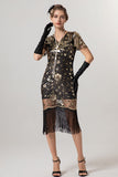 Rose Scintillant Noir Paillettes Moulant Manches Courtes 1920s avec Franges