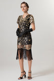 Rose Scintillant Noir Paillettes Moulant Manches Courtes 1920s avec Franges