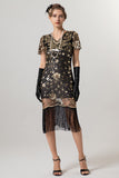 Rose Scintillant Noir Paillettes Moulant Manches Courtes 1920s avec Franges