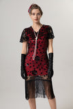 Rose Scintillant Noir Paillettes Moulant Manches Courtes 1920s avec Franges