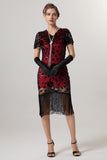 Rose Scintillant Noir Paillettes Moulant Manches Courtes 1920s avec Franges