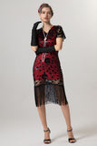 Rose Scintillant Noir Paillettes Moulant Manches Courtes 1920s avec Franges
