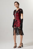 Rose Scintillant Noir Paillettes Moulant Manches Courtes 1920s avec Franges