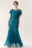 Rose Scintillant Bleu Tulle Fourreau Longue 1920s avec Paillette