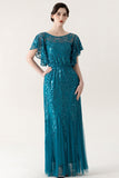 Rose Scintillant Bleu Tulle Fourreau Longue 1920s avec Paillette