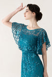 Rose Scintillant Bleu Tulle Fourreau Longue 1920s avec Paillette