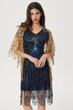 Rose Scintillant Noir Bleu Moulant Perlé Court 1920s avec Paillettes