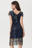 Rose Scintillant Noir Bleu Moulant Perlé Court 1920s avec Paillettes