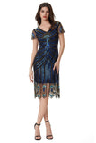 Rose Scintillant Noir Bleu Moulant Perlé Court 1920s avec Paillettes