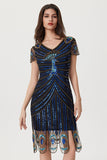 Rose Scintillant Noir Bleu Moulant Perlé Court 1920s avec Paillettes