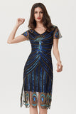 Rose Scintillant Noir Bleu Moulant Perlé Court 1920s avec Paillettes