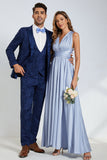 Peak Revers Un Bouton Bleu Foncé Jacquard Costumes De Fête De Mariage Pour Hommes