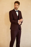 Costume De Mariage Pour Hommes Bordeaux À Revers Unique