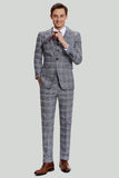 Costumes Pour Hommes À Carreaux Gris À Revers Large 3 Pièces À Simple Boutonnage