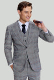 Costumes Pour Hommes À Carreaux Gris À Revers Large 3 Pièces À Simple Boutonnage
