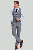 Costumes Pour Hommes À Carreaux Gris À Revers Large 3 Pièces À Simple Boutonnage