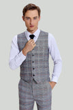 Costumes Pour Hommes À Carreaux Gris À Revers Large 3 Pièces À Simple Boutonnage