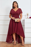 Robe de Soirée de Mariage en Mousseline de Soie Haut-Bas Bordeaux à Col en V de Grande Taille