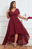 Robe de Soirée de Mariage en Mousseline de Soie Haut-Bas Bordeaux à Col en V de Grande Taille
