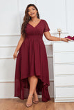 Robe de Soirée de Mariage en Mousseline de Soie Haut-Bas Bordeaux à Col en V de Grande Taille