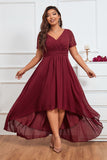Robe de Soirée de Mariage en Mousseline de Soie Haut-Bas Bordeaux à Col en V de Grande Taille