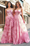 Floral Une ligne sans bretelles Corset Robe De Soirée Blush Tier avec Fente