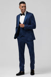 Bleu Foncé 3 Pièces À Revers En Pointe Jacquard Un Bouton Costumes De Bal Pour Hommes