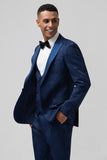 Bleu Foncé 3 Pièces À Revers En Pointe Jacquard Un Bouton Costumes De Bal Pour Hommes