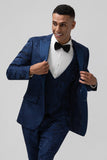 Bleu Foncé 3 Pièces À Revers En Pointe Jacquard Un Bouton Costumes De Bal Pour Hommes