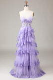 Princesse A Line Sweetheart Lavande Corset Robe de bal avec dentelle à plusieurs niveaux