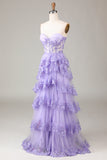 Princesse A Line Sweetheart Lavande Corset Robe de bal avec dentelle à plusieurs niveaux