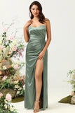 Robe de demoiselle d’honneur longue eucalyptus sans bretelles avec fente
