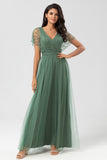 Ligne A en tulle Beaded Crépuscule Robe de demoiselle d’honneur avec paillettes
