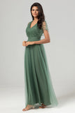Ligne A en tulle Beaded Crépuscule Robe de demoiselle d’honneur avec paillettes