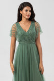 Ligne A en tulle Beaded Crépuscule Robe de demoiselle d’honneur avec paillettes