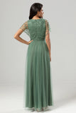 Ligne A en tulle Beaded Crépuscule Robe de demoiselle d’honneur avec paillettes