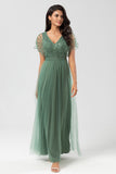 Ligne A en tulle Beaded Crépuscule Robe de demoiselle d’honneur avec paillettes