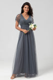 Ligne A en tulle Beaded Crépuscule Robe de demoiselle d’honneur avec paillettes