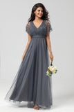 Ligne A en tulle Beaded Crépuscule Robe de demoiselle d’honneur avec paillettes