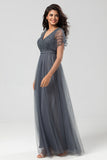 Ligne A en tulle Beaded Crépuscule Robe de demoiselle d’honneur avec paillettes