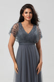Ligne A en tulle Beaded Crépuscule Robe de demoiselle d’honneur avec paillettes