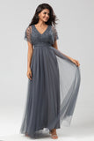 Ligne A en tulle Beaded Crépuscule Robe de demoiselle d’honneur avec paillettes