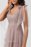 Tulle V-Neck Robe de demoiselle d’honneur menthe avec perles