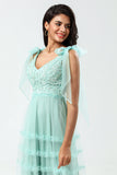 Tulle V-Neck Robe de demoiselle d’honneur menthe avec perles