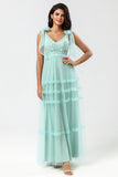 Tulle V-Neck Robe de demoiselle d’honneur menthe avec perles