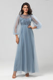 Une ligne gris bleu paillettes manches longues robe de demoiselle d’honneur
