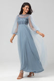 Une ligne gris bleu paillettes manches longues robe de demoiselle d’honneur